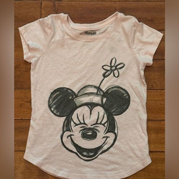 Disney Jr Minnie Mouse Girls T Shirt Pink M Laugh Smile Sketch Drawing Glitter - Picture 1 of 3
